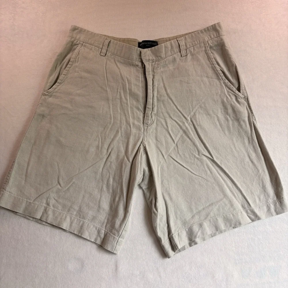 Banana Republic Factory Linen Shorts Mens 36 Beige Flat Front Summer Casual 10